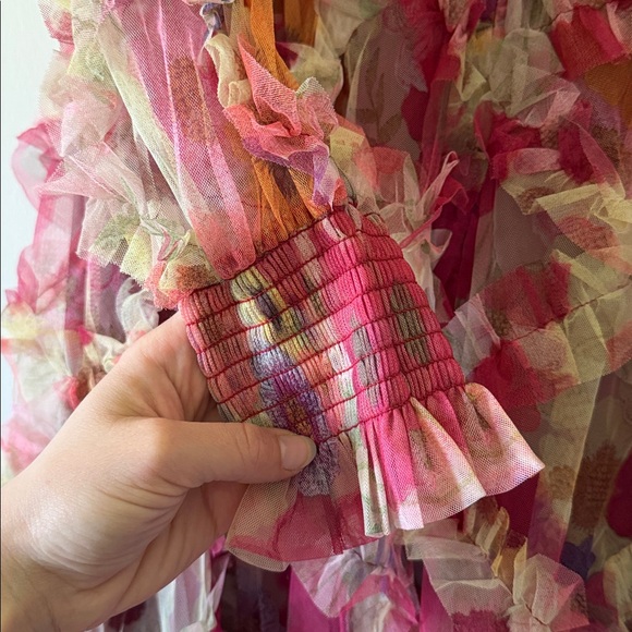 Floral Embroidered Ruffle Tulle Dress in Burgundy & Multicolor - Picture 4 of 5